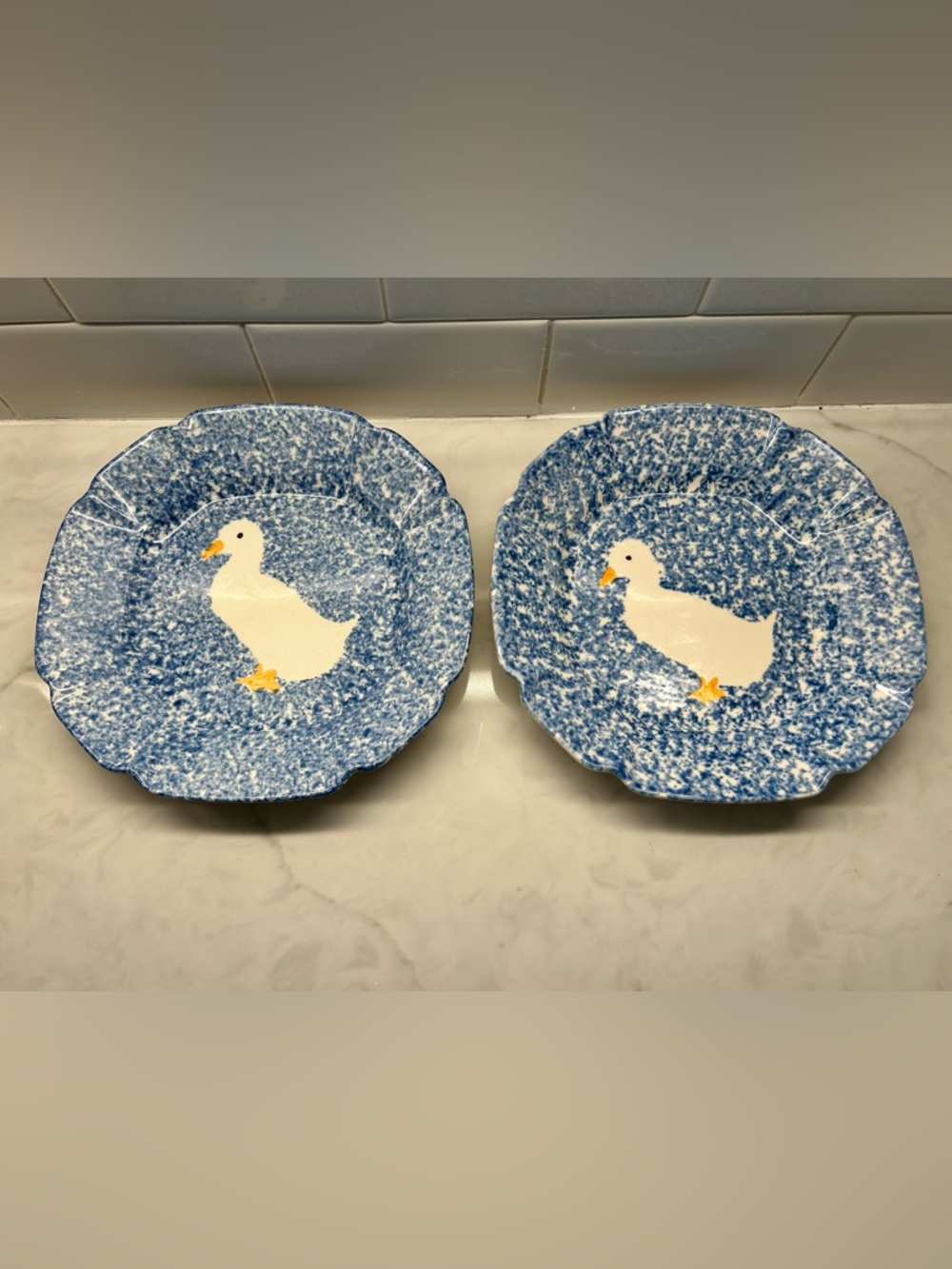 2 Vintage N.S. Gustin Pottery Duck Plate – Blue Spongeware Scalloped Farmhouse